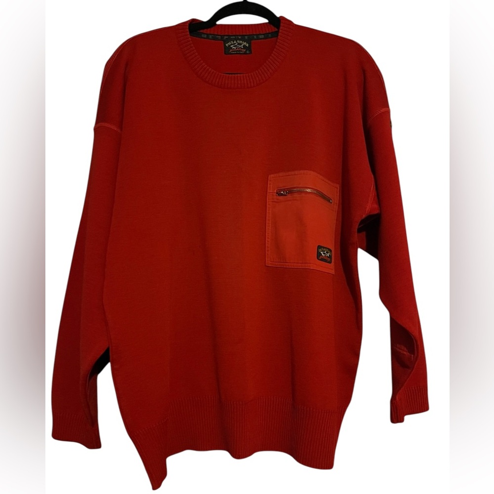 Paul & Shark Crewneck Sweater Large Men Red Pocket, Elbow Pads Wool Acrylic EUC